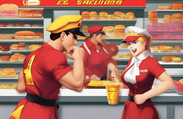 Street Fighter characters dressed as McDonald's staff, working behind the counter and in the kitchen