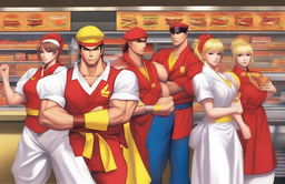 Street Fighter characters dressed as McDonald's staff, working behind the counter and in the kitchen