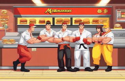 Street Fighter characters dressed as McDonald's staff, working behind the counter and in the kitchen