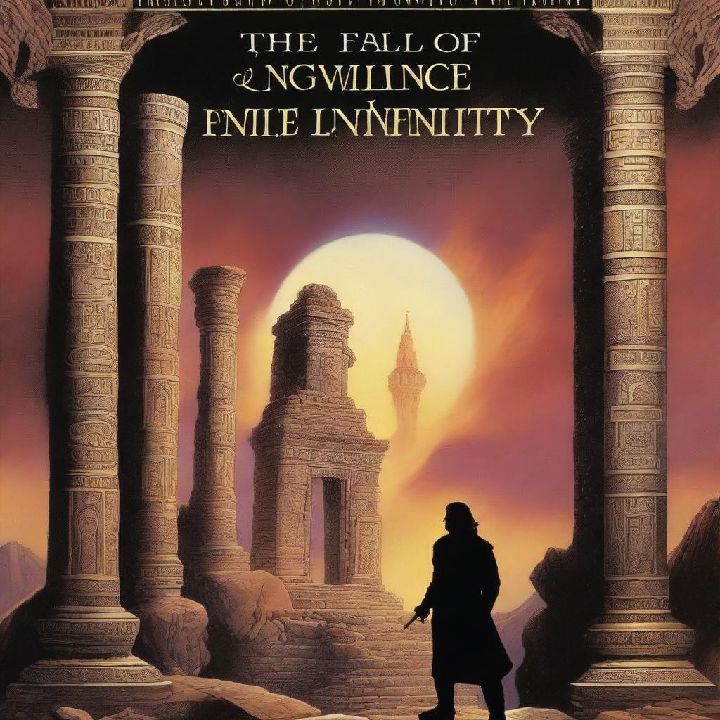 A 1990's fantasy book cover titled 'The Fall of Infinity and Silence' by Nelson P Cooper