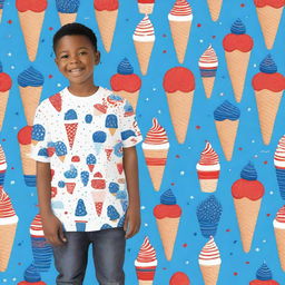 A vibrant, 4th of July themed ice cream shirt featuring red, white, and blue colors