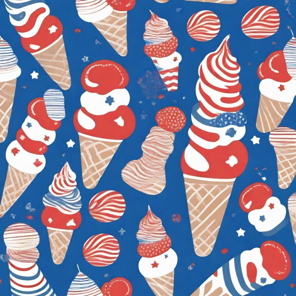 A vibrant, 4th of July themed ice cream shirt featuring red, white, and blue colors with playful ice cream cone patterns and stars and stripes