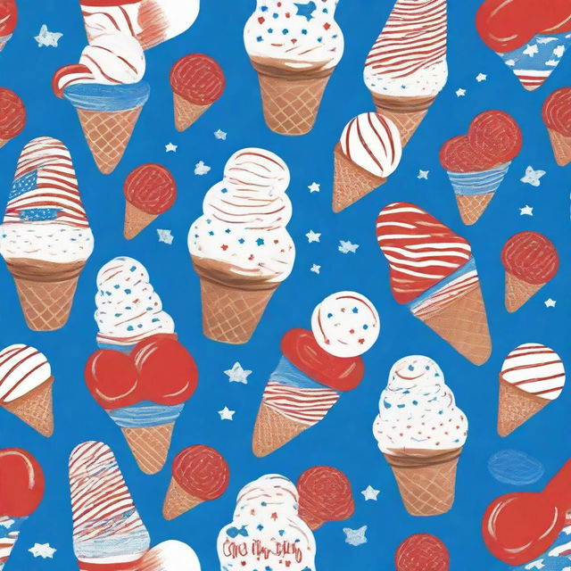 A vibrant, 4th of July themed ice cream shirt featuring red, white, and blue colors with playful ice cream cone patterns and stars and stripes