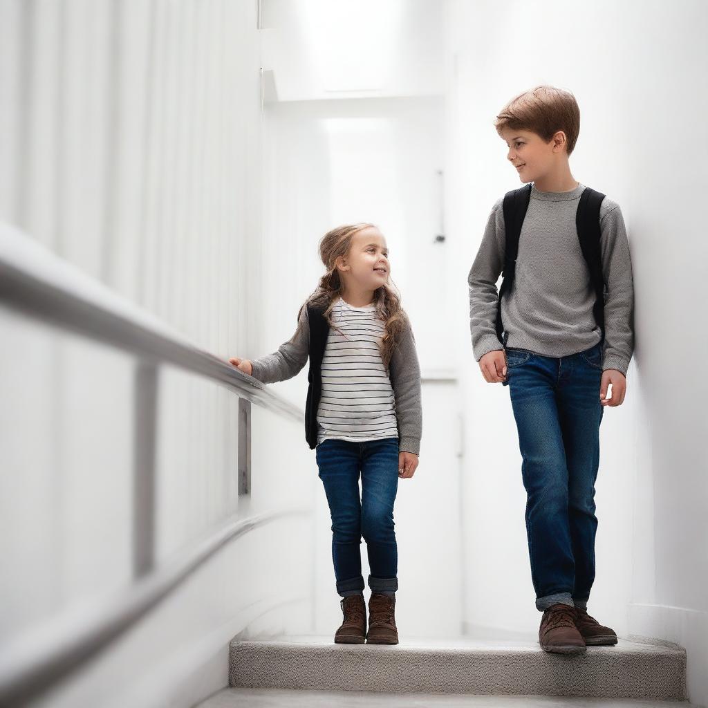 A boy and a girl walking past each other in a stairwell