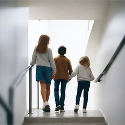 A boy and a girl walking past each other in a stairwell