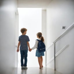 A boy and a girl walking past each other in a stairwell