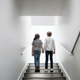 A boy and a girl walking past each other in a stairwell