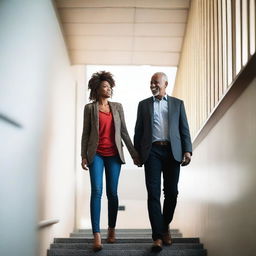 A man and a woman walking together in a stairwell