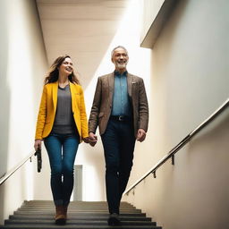 A man and a woman walking together in a stairwell