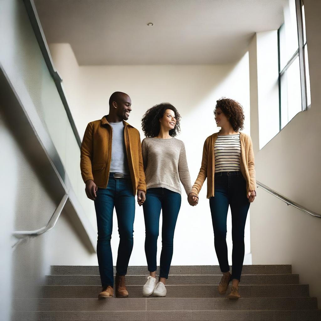 A man and a woman walking together in a stairwell