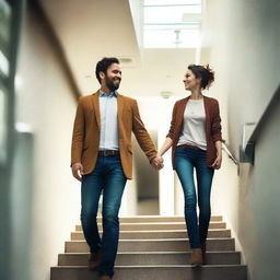 A man and a woman walking together in a stairwell