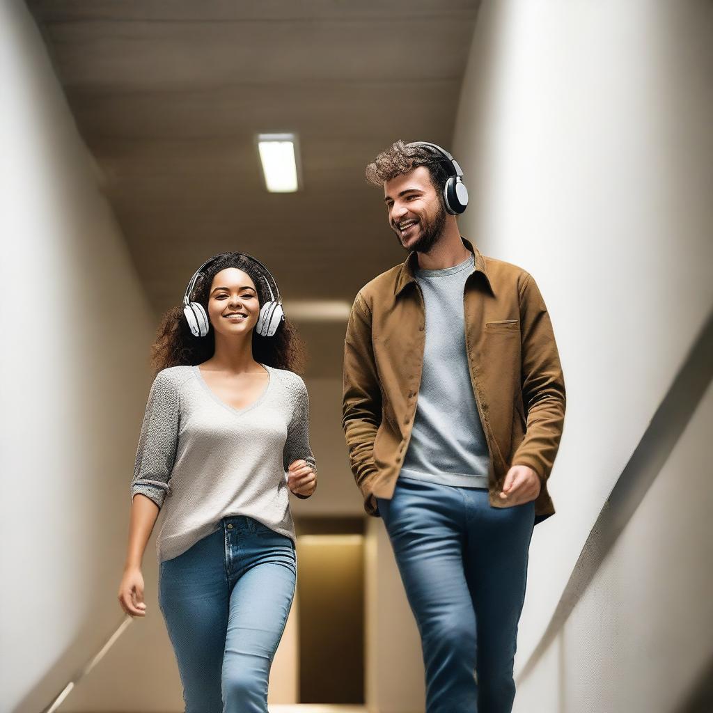 A man and a woman are walking in a stairwell, both wearing headphones and listening to music