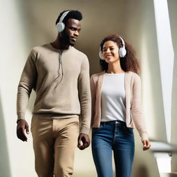 A man and a woman are walking in a stairwell, both wearing headphones and listening to music