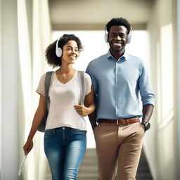 A man and a woman are walking in a stairwell, both wearing headphones and listening to music