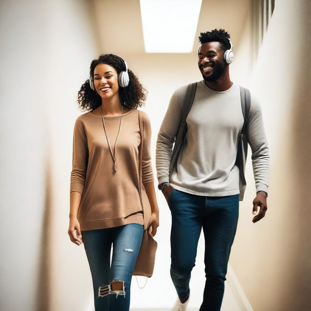 A man and a woman are walking in a stairwell, both wearing headphones and listening to music