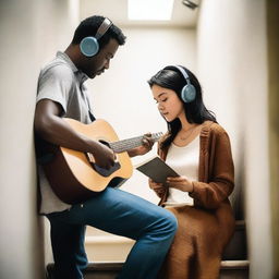 A man playing a guitar and a woman wearing headphones while reading a book, both walking in a stairwell