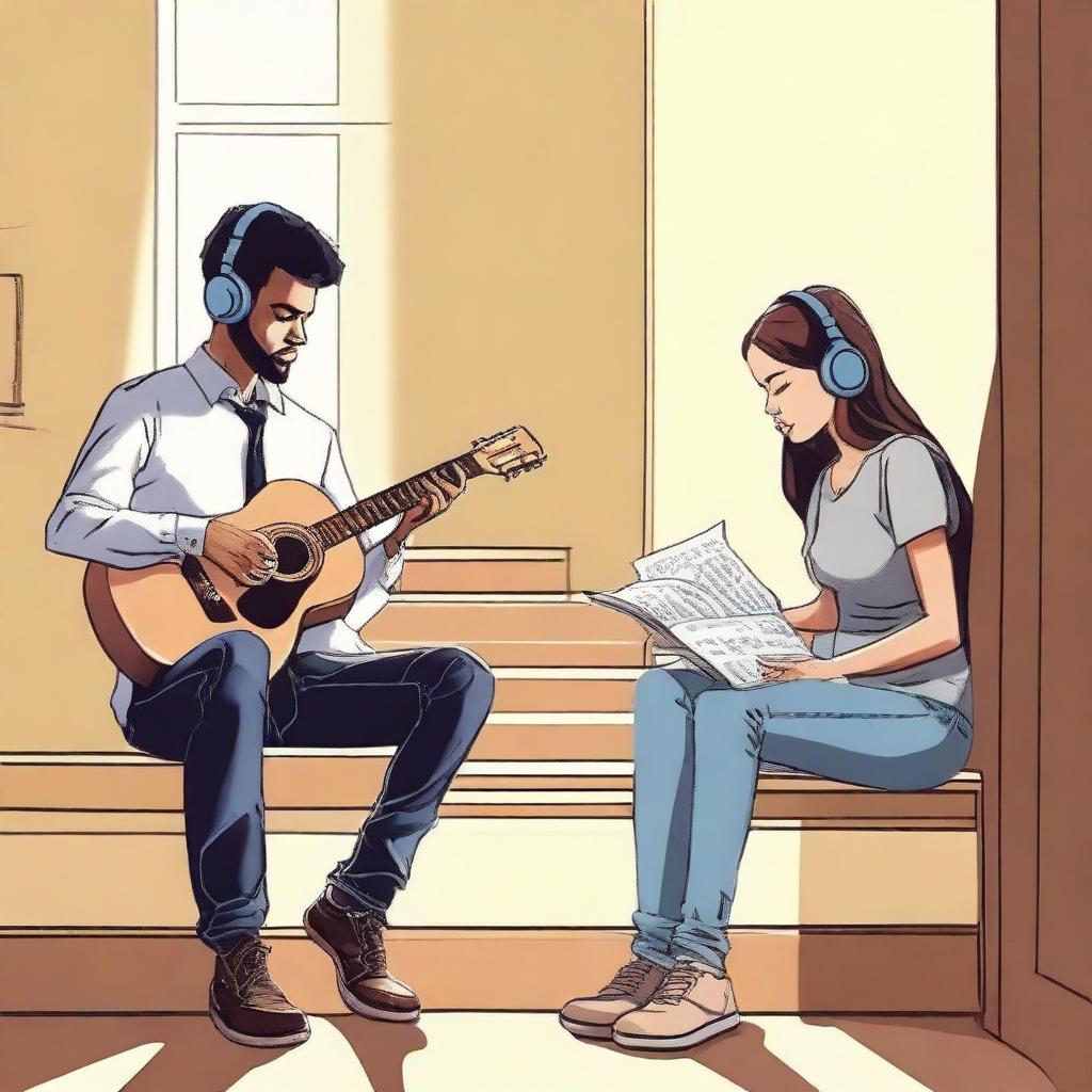 A man playing a guitar and a woman wearing headphones while reading a book, both walking in a stairwell