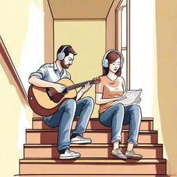 A man playing a guitar and a woman wearing headphones while reading a book, both walking in a stairwell