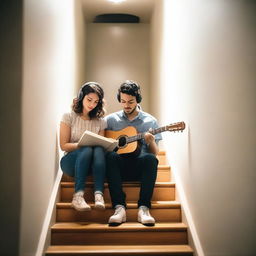 A man playing a guitar and a woman wearing headphones while reading a book, both walking in a stairwell