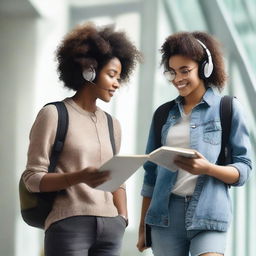 A man with a guitar and a woman wearing headphones while reading a book, walking in a stairwell