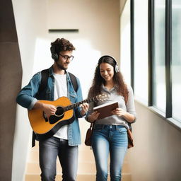 A man with a guitar and a woman wearing headphones while reading a book, walking in a stairwell