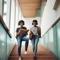 A man with a guitar and a woman wearing headphones while reading a book, walking in a stairwell