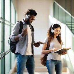 A man with a guitar and a woman wearing headphones while reading a book, walking in a stairwell