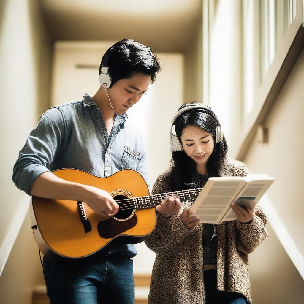 An Asian white man playing a guitar and an Asian white woman wearing headphones while reading a book, walking together in a stairwell