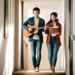 An Asian white man playing a guitar and an Asian white woman wearing headphones while reading a book, walking together in a stairwell