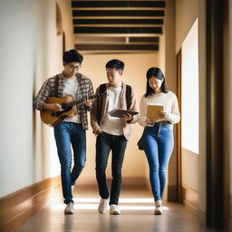 An Asian white man playing a guitar and an Asian white woman wearing headphones while reading a book, walking together in a stairwell