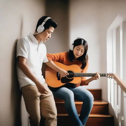 An Asian white man playing a guitar and an Asian white woman wearing headphones while reading a book, walking together in a stairwell