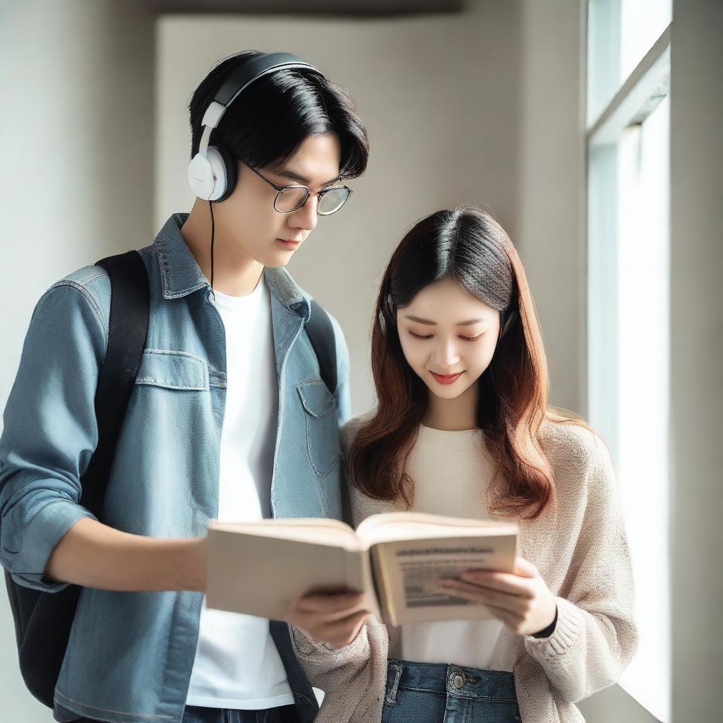 A Korean handsome man with a guitar and a Korean pretty woman wearing headphones while reading a book