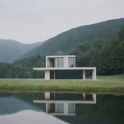 A lone, aesthetic building located in a serene, beautiful landscape.