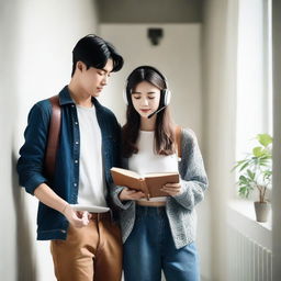 A Korean handsome man with a guitar and a Korean pretty woman wearing headphones while reading a book