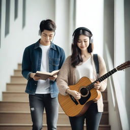 A Korean handsome man with a guitar and a Korean pretty woman wearing headphones while reading a book