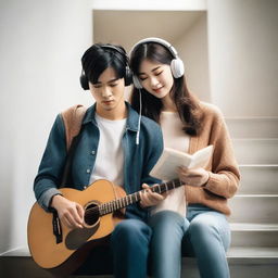 A Korean handsome man with a guitar and a Korean pretty woman wearing headphones while reading a book