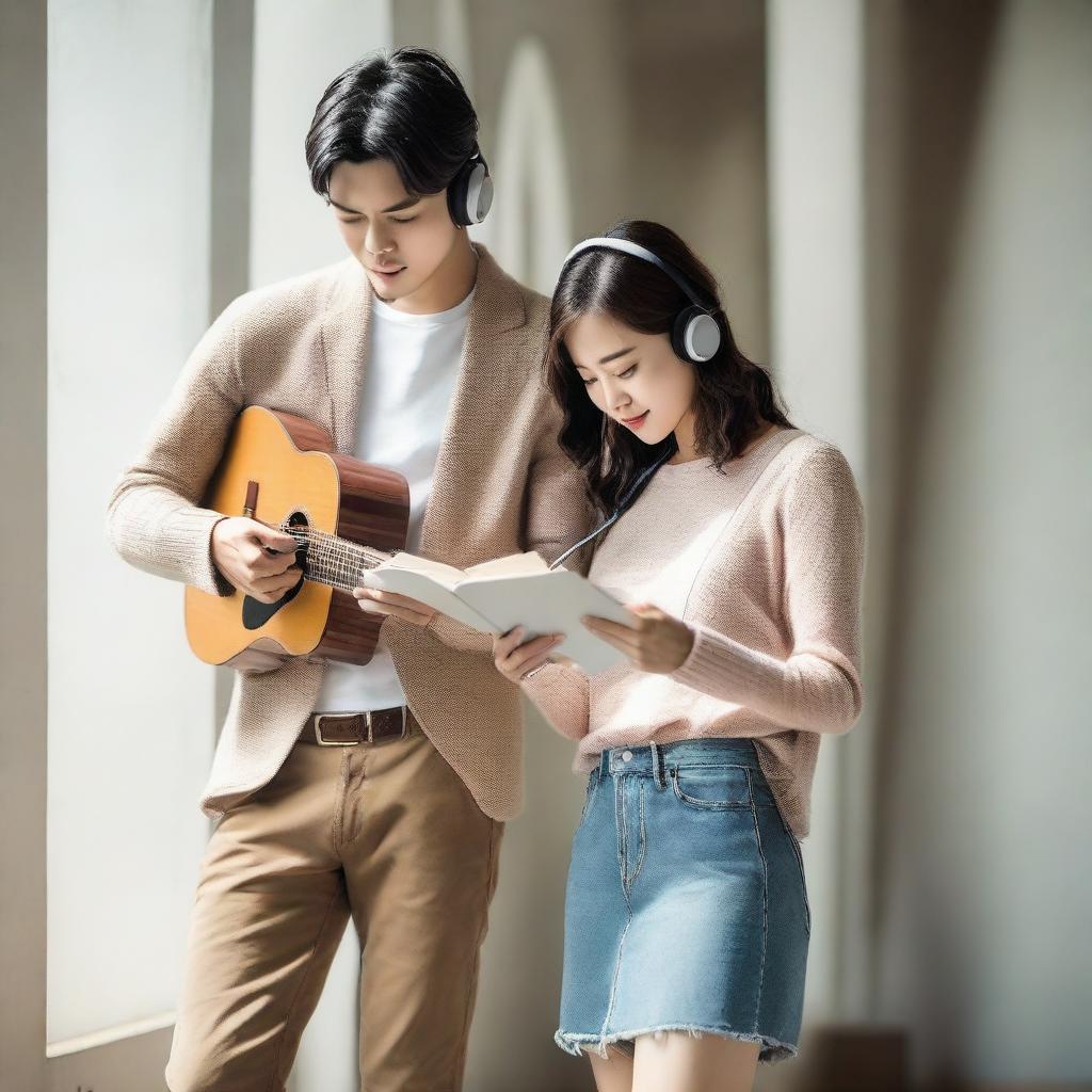 A handsome Korean man holding a guitar and a pretty Korean woman wearing headphones while reading a book, both walking in a stairwell