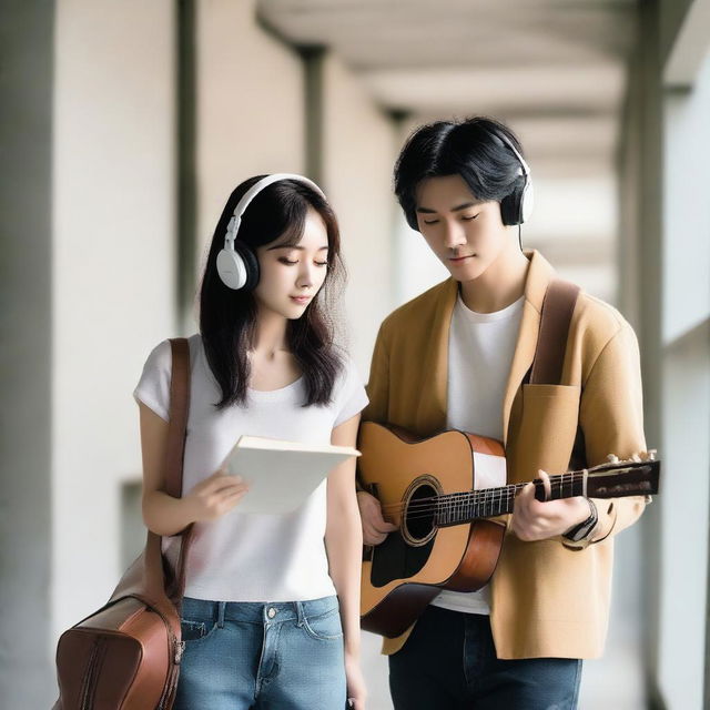 A handsome Korean man holding a guitar and a pretty Korean woman wearing headphones while reading a book, both walking in a stairwell