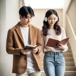 A handsome Korean man holding a guitar and a pretty Korean woman wearing headphones while reading a book, both walking in a stairwell