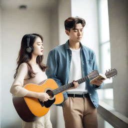 A handsome Korean man holding a guitar and a pretty Korean woman wearing headphones while reading a book, both walking in a stairwell