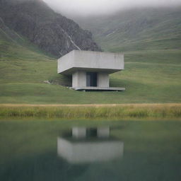 A lone, aesthetic building located in a serene, beautiful landscape.