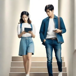 A Korean handsome man holding a guitar and a Korean pretty woman wearing headphones while reading a book, walking in a stairwell