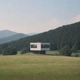 A lone, aesthetic building located in a serene, beautiful landscape.