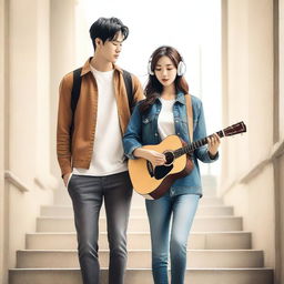 A Korean handsome man holding a guitar and a Korean pretty woman wearing headphones while reading a book, walking in a stairwell