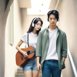 A Korean handsome man holding a guitar and a Korean pretty woman wearing headphones while reading a book, walking in a stairwell