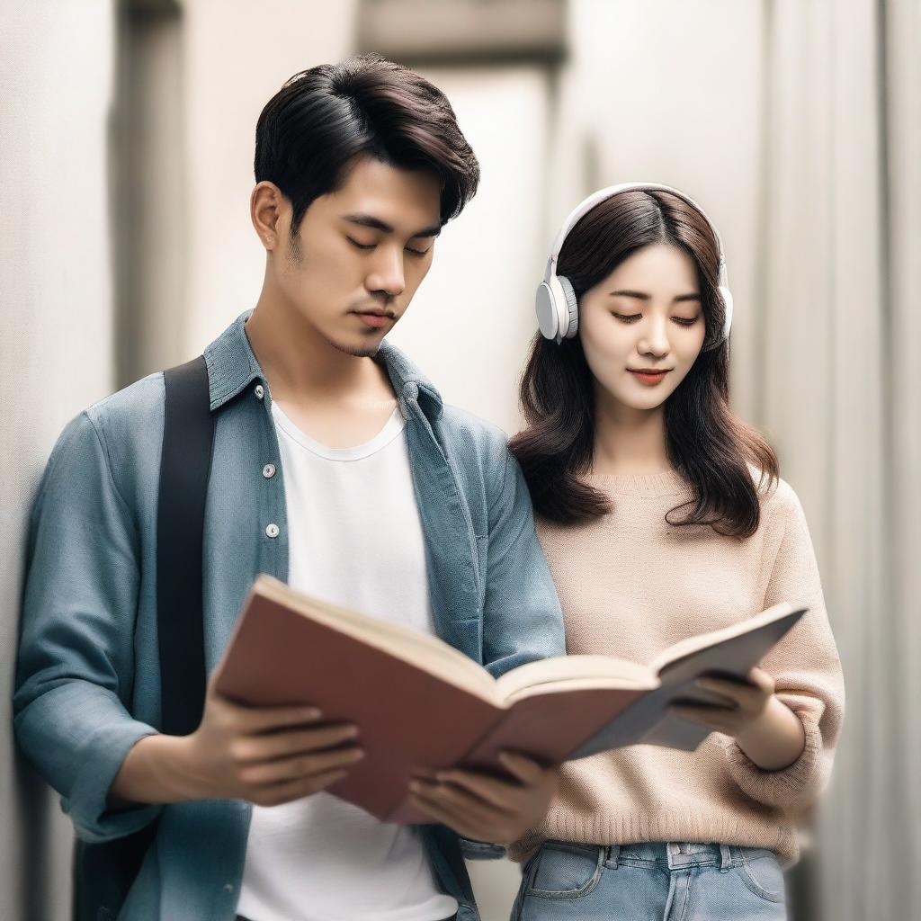 A Korean handsome man holding a guitar and a Korean pretty woman wearing headphones while reading a book, walking in a stairwell