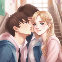 A high school romance novel book cover featuring two teenagers sharing a tender moment at a stairwell