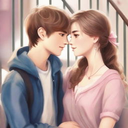 A high school romance novel book cover featuring two teenagers sharing a tender moment at a stairwell