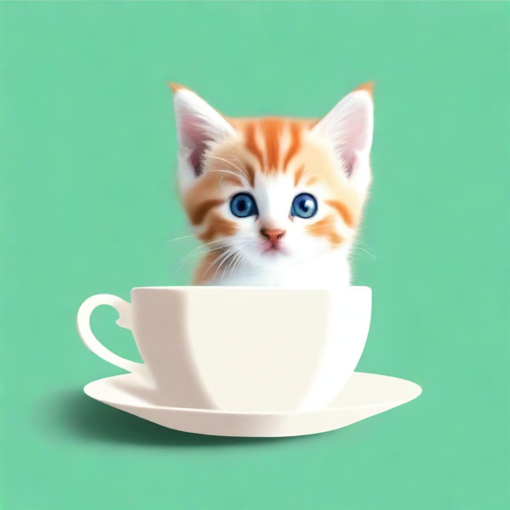 A raw photograph of an adorable kitten sitting inside a teacup