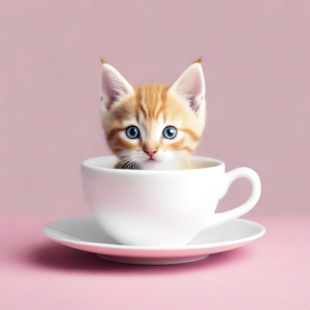 A raw photograph of an adorable kitten sitting inside a teacup